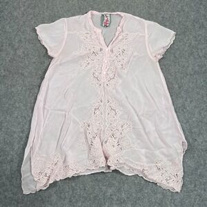 Johnny Was Baby Pink Eyelet Embroidered Tunic Blouse Top Women's Size Small